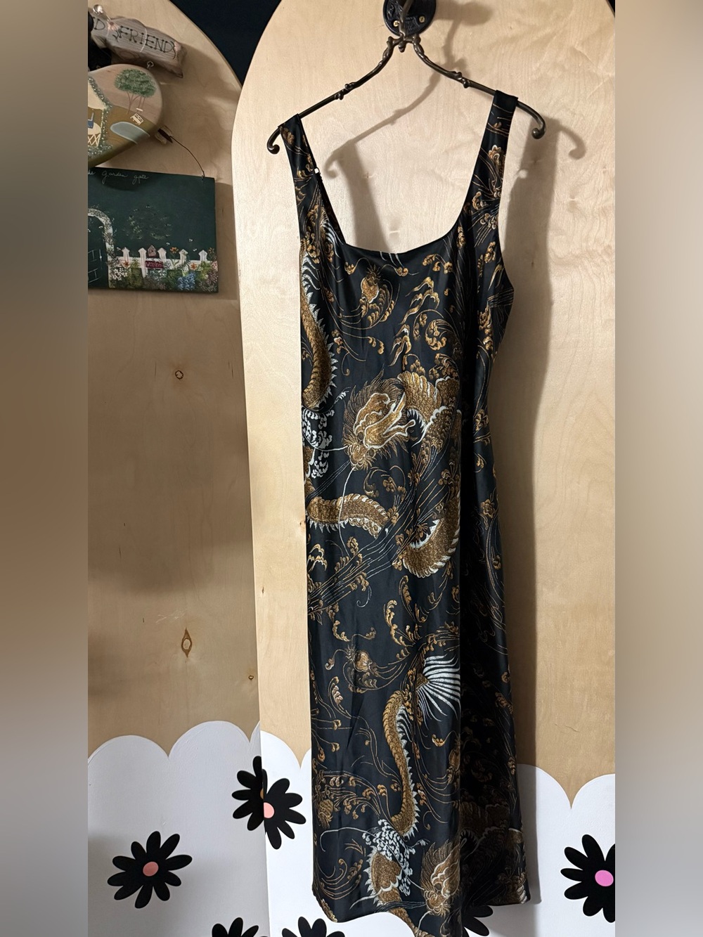 Natori Black & Gold Dragon Print Slip Dress
